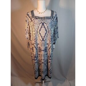 Sandra Darren Dress Womens 2X Plus Blue Paisley Square Neck Shift Half Sleeve